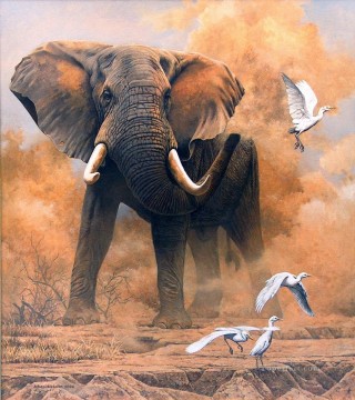 Elephant Painting - dusty elephant with egrets